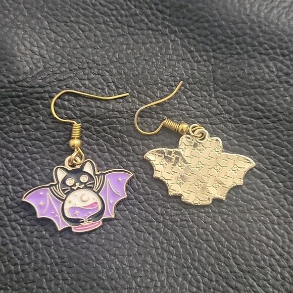 Witchy cat bat enamel earrings gold tone hooks purple black & white design - Picture 2 of 3